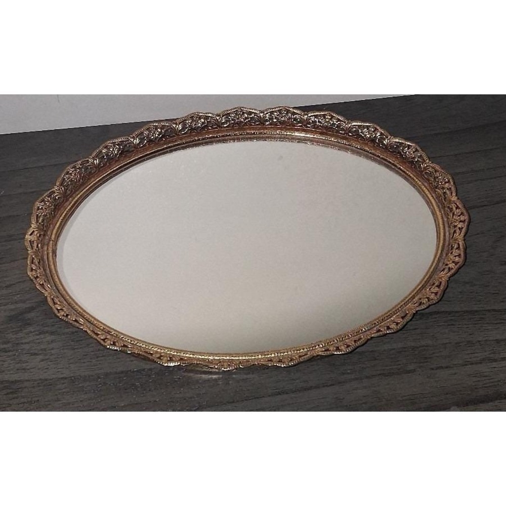 Vintage Oval Vanity Mirror Tray Gold Tone Filigree Frame Hollywood Regency 12x9